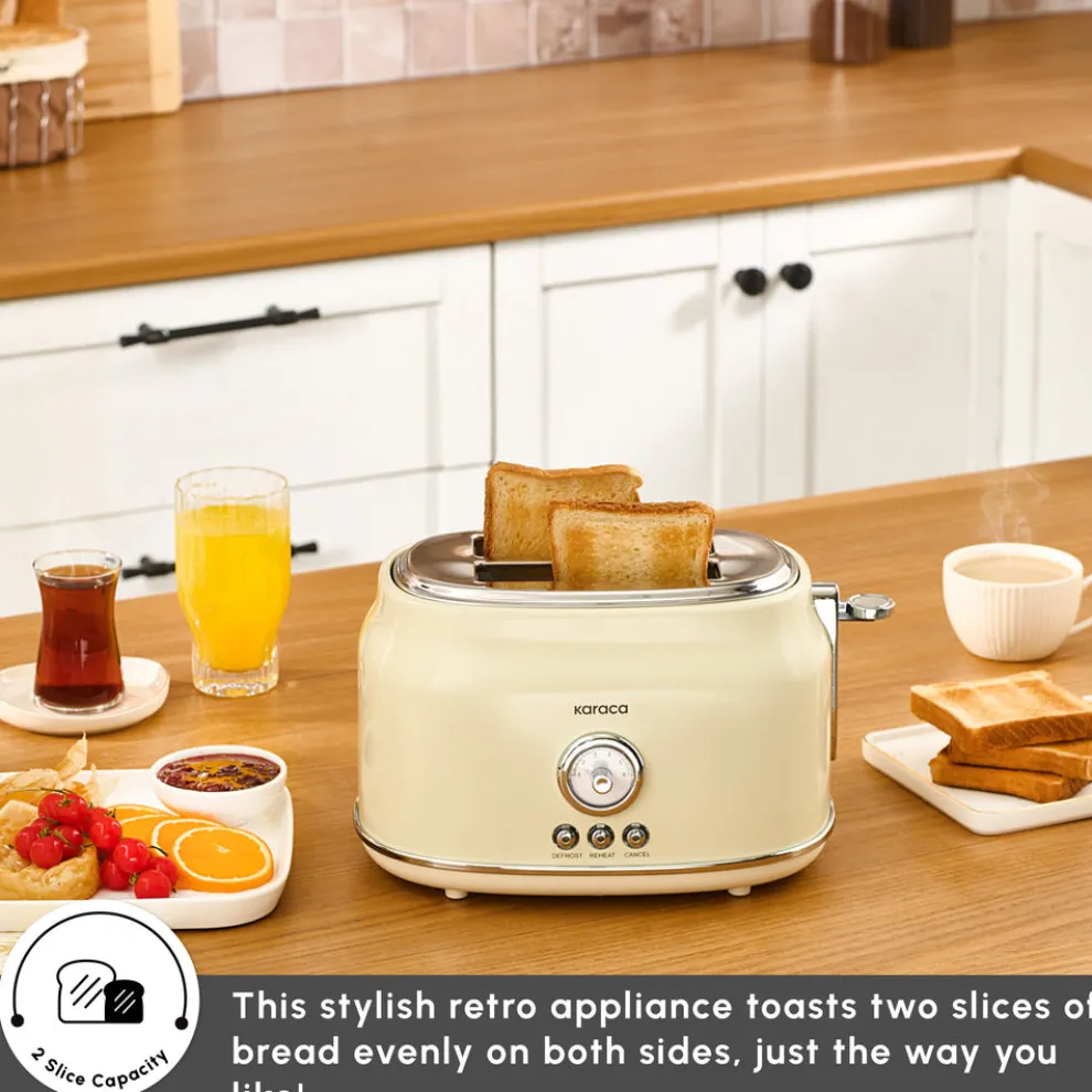 Karaca Retro 2-Slice Toaster, 815W, Cream