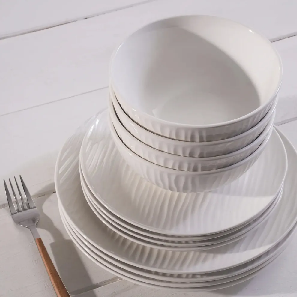 Karaca Ripple 12-Piece Porcelain Dinner Set for 4 People, White