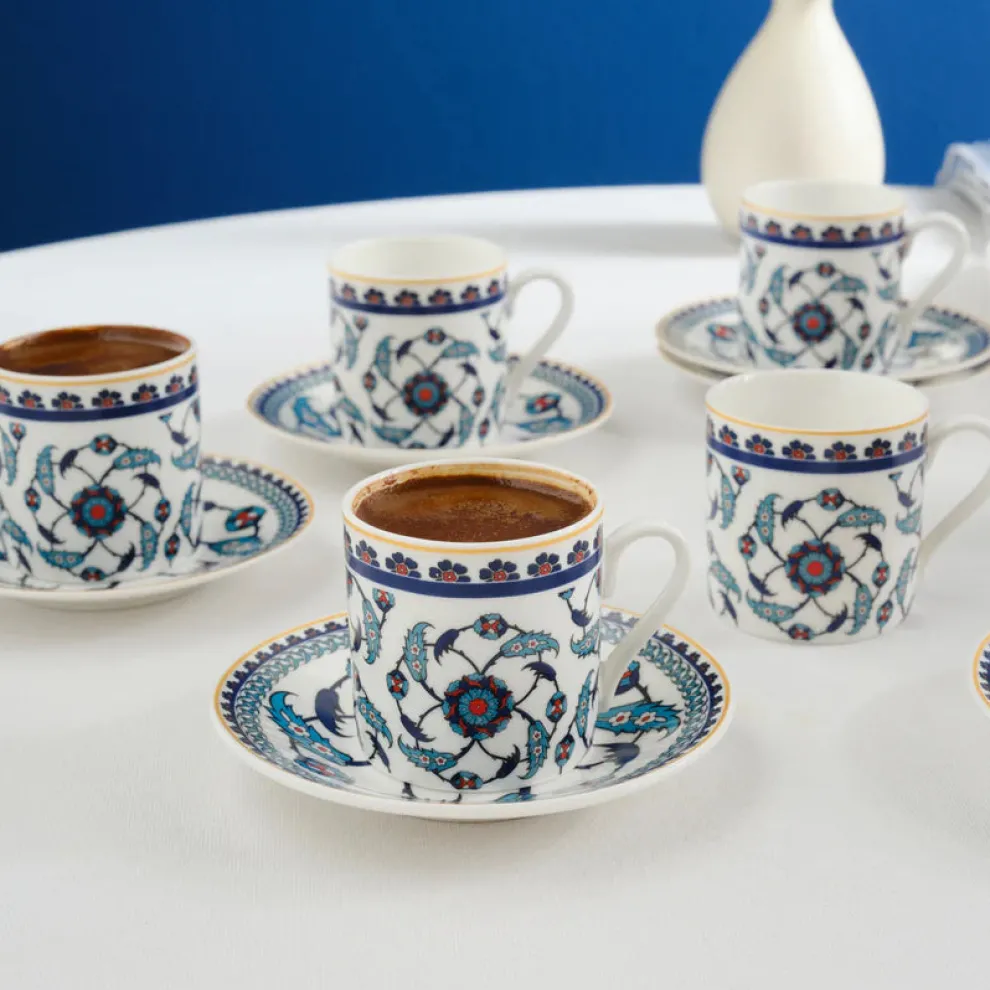Karaca Rumi 12-Piece Bone China Turkish Coffee Cup Set for 6 People, 80ml, Multi