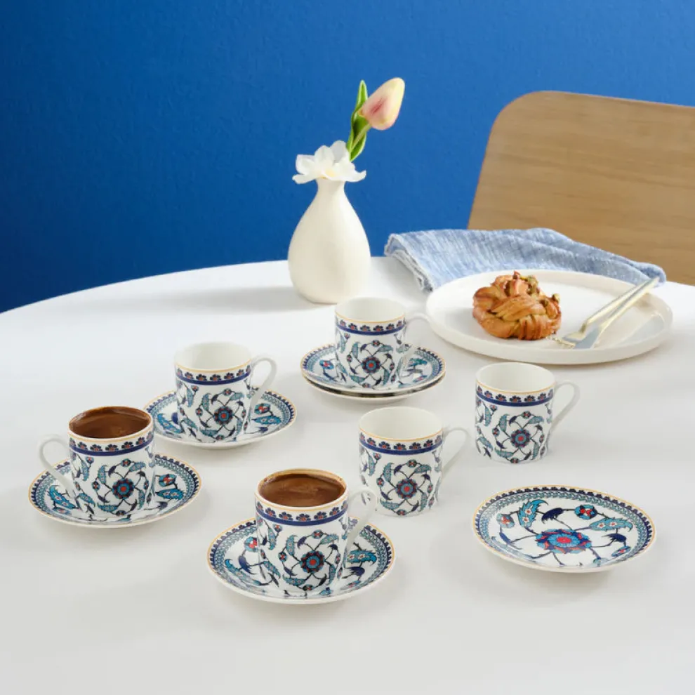 Karaca Rumi 12-Piece Bone China Turkish Coffee Cup Set for 6 People, 80ml, Multi