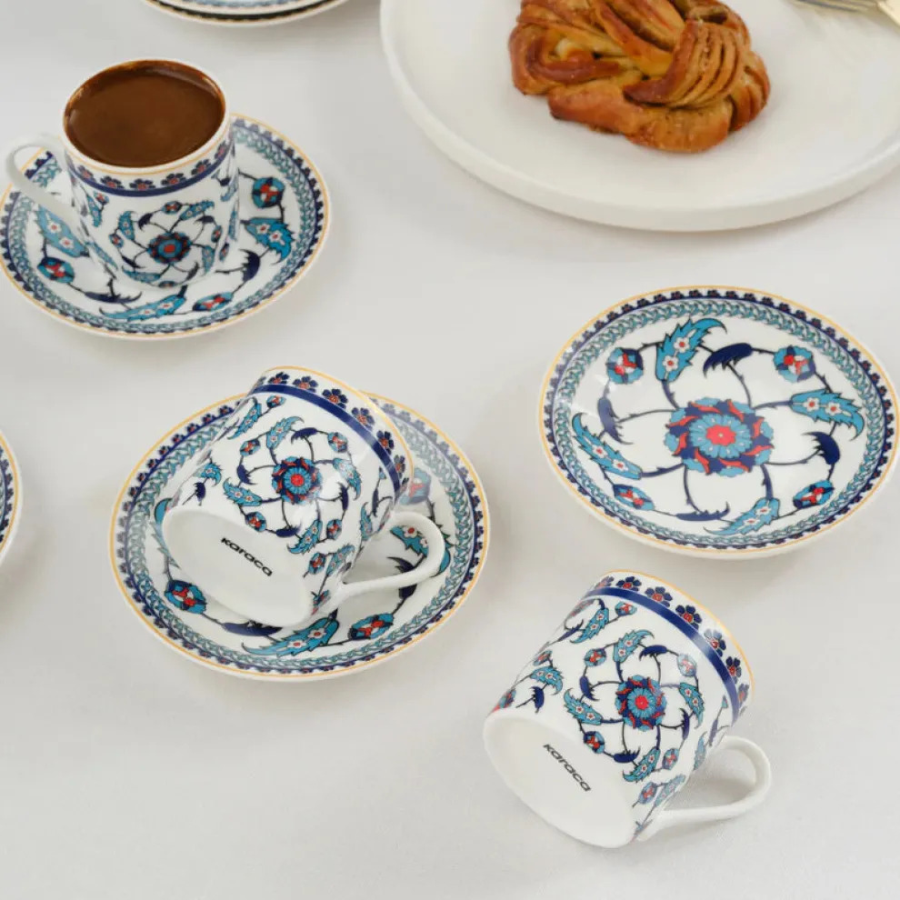Karaca Rumi 12-Piece Bone China Turkish Coffee Cup Set for 6 People, 80ml, Multi