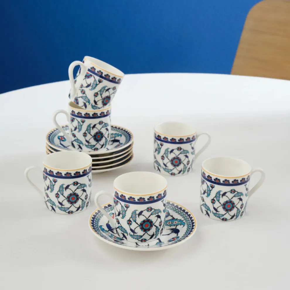 Karaca Rumi 12-Piece Bone China Turkish Coffee Cup Set for 6 People, 80ml, Multi