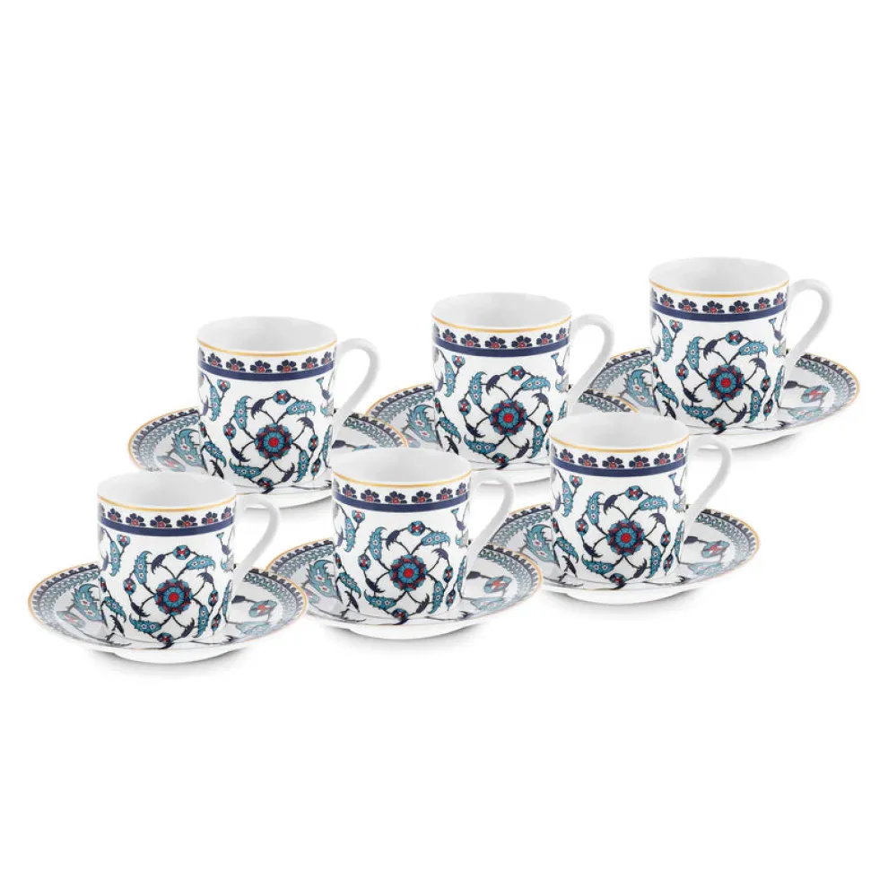 Karaca Rumi 12-Piece Bone China Turkish Coffee Cup Set for 6 People, 80ml, Multi