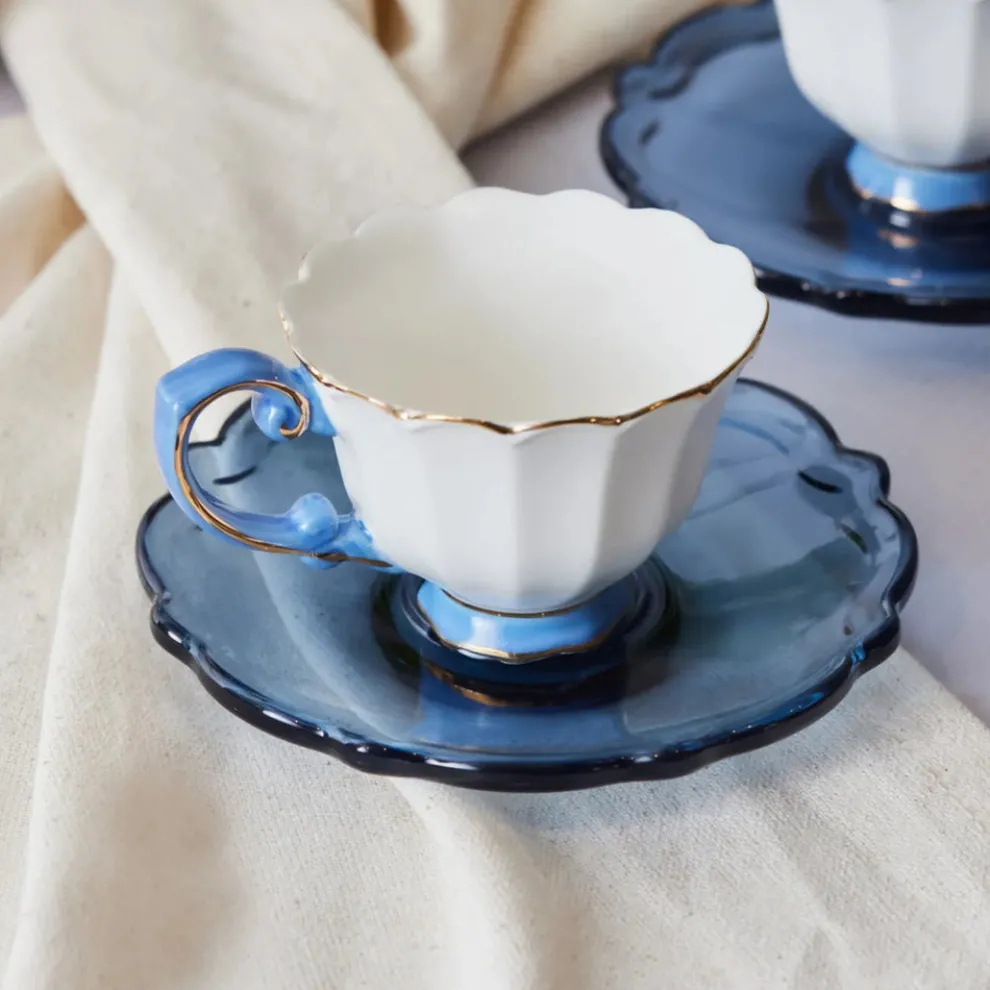 Karaca Samo 4-Piece Bone China Acrylic Plated Espresso Turkish Coffee Cup Set for 2 People, 90ml, Navy Blue Multi