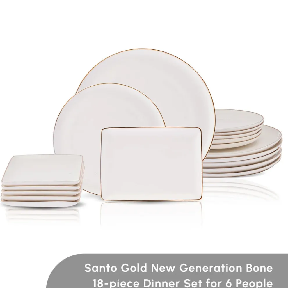 Karaca Santo 18-Piece Bone China Dinner Set for 6 People, White Gold