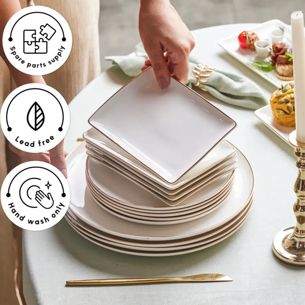 Karaca Santo 18-Piece Bone China Dinner Set for 6 People, White Gold