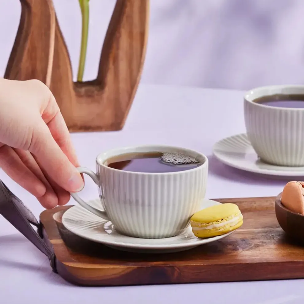 Karaca Seashell 12-Piece Porcelain Tea Cup and Saucer Set for 6 People, 200ml, Light Grey