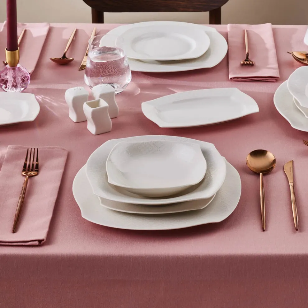 Karaca Square Bone China Fancy Embossed 53-Piece Porcelain Dinner Set for 12 People, White