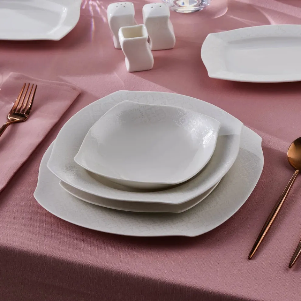 Karaca Square Bone China Fancy Embossed 53-Piece Porcelain Dinner Set for 12 People, White