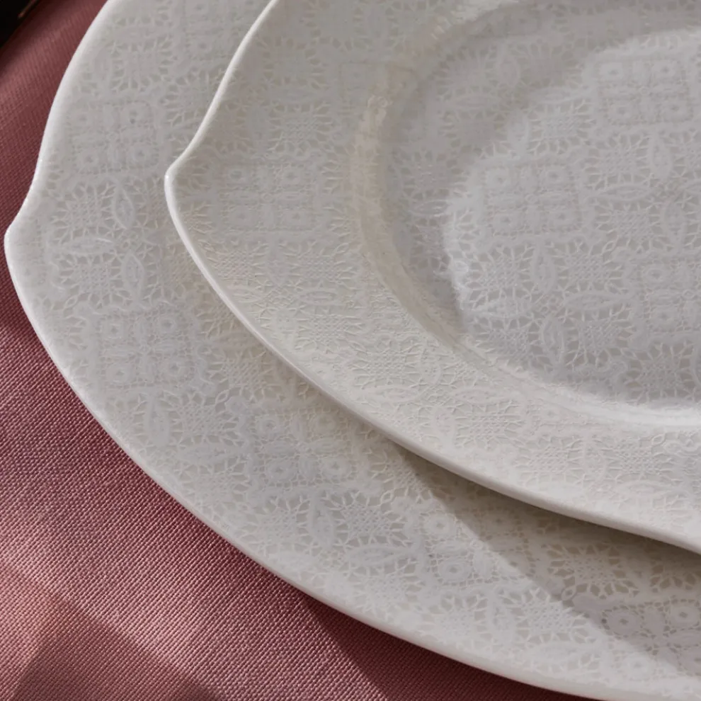 Karaca Square Bone China Fancy Embossed 53-Piece Porcelain Dinner Set for 12 People, White