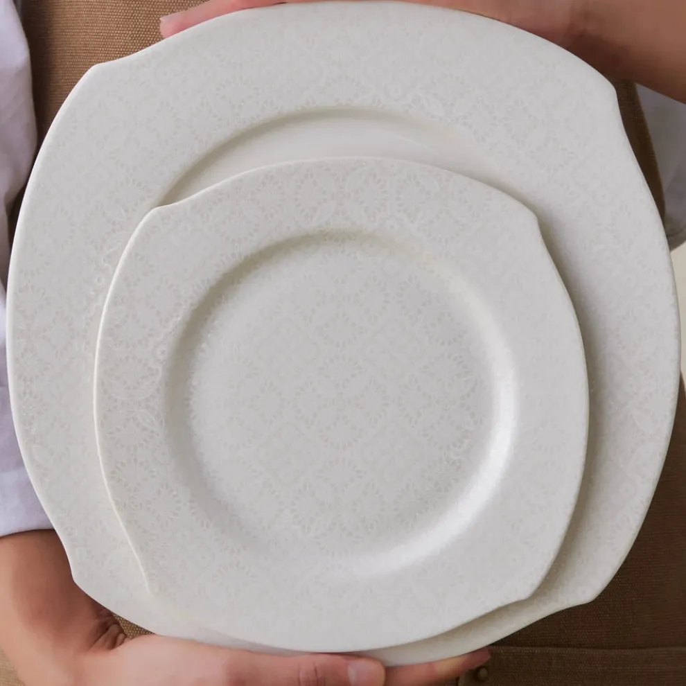Karaca Square Bone China Fancy Embossed 53-Piece Porcelain Dinner Set for 12 People, White