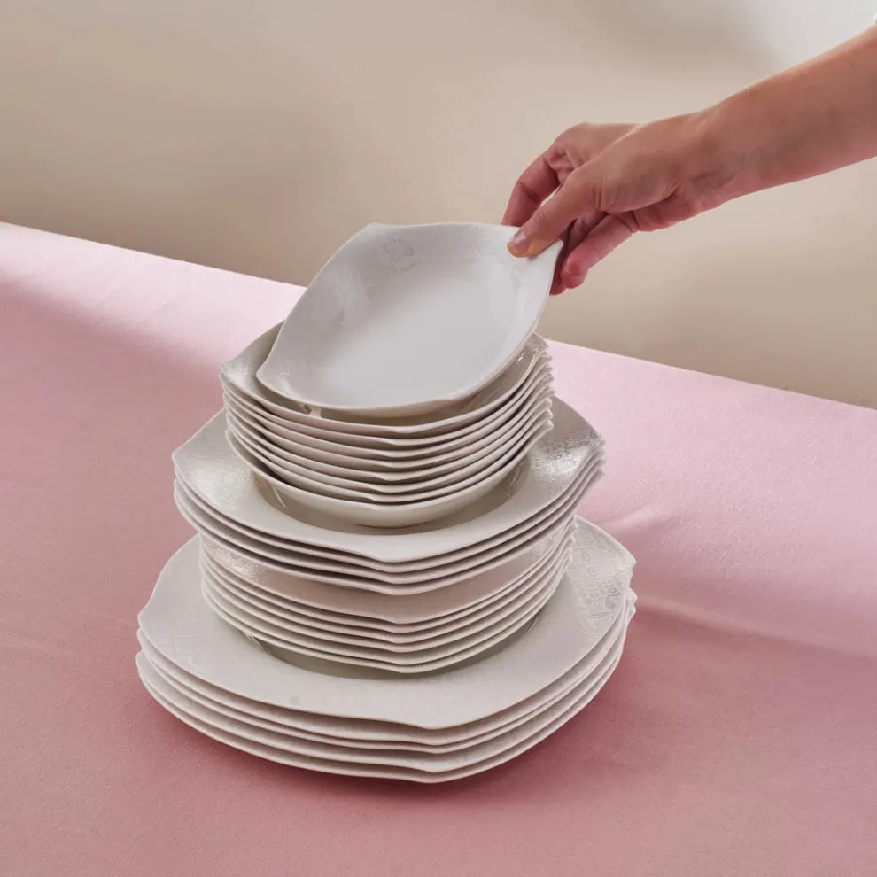 Karaca Square Bone China Fancy Embossed 53-Piece Porcelain Dinner Set for 12 People, White