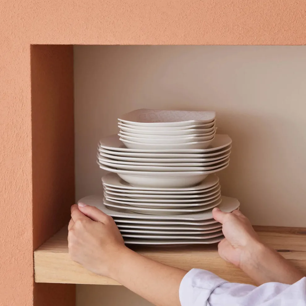 Karaca Square Bone China Fancy Embossed 53-Piece Porcelain Dinner Set for 12 People, White