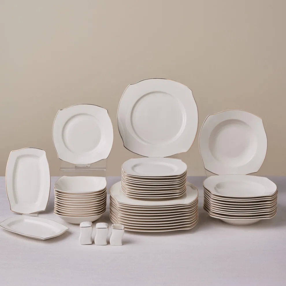 Karaca Square Bone China Wave 53-Piece Dinner Set for 12 People, Gold
