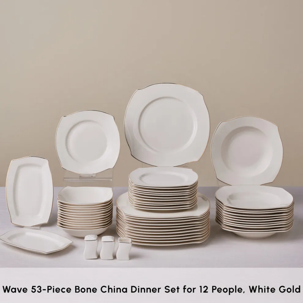 Karaca Square Bone China Wave 53-Piece Dinner Set for 12 People, Gold