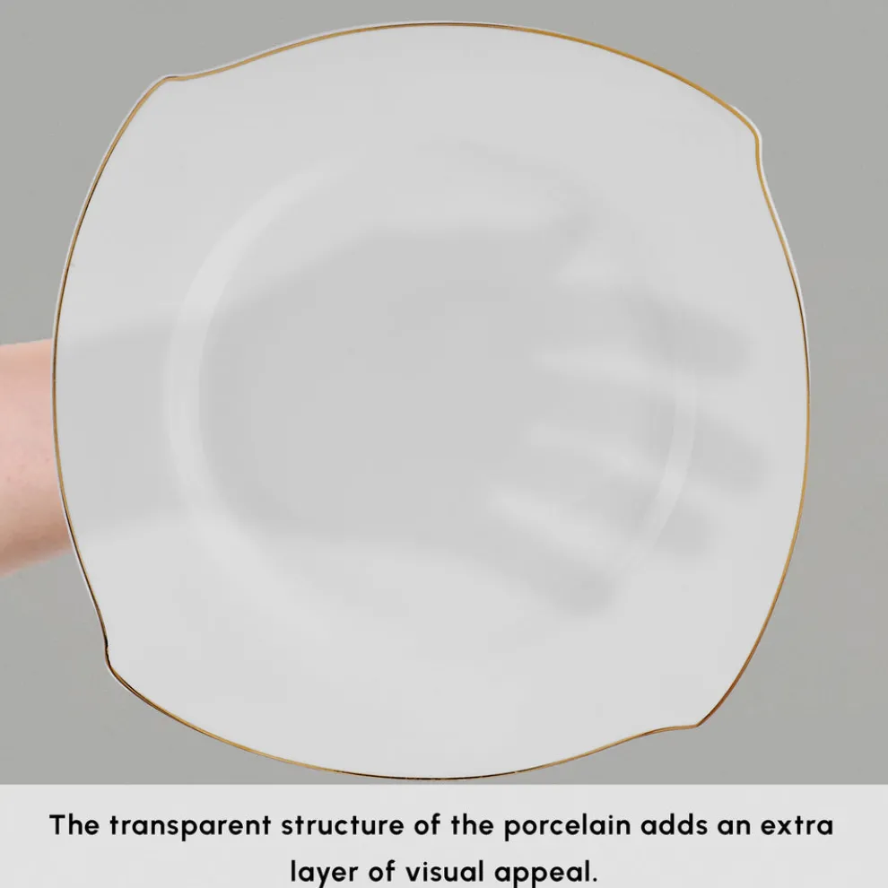 Karaca Square Bone China Wave 53-Piece Dinner Set for 12 People, Gold