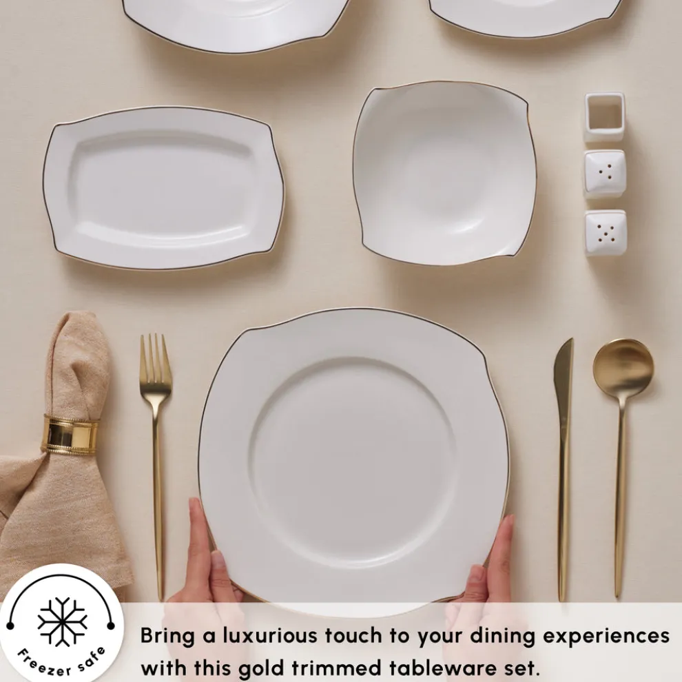 Karaca Square Bone China Wave 53-Piece Dinner Set for 12 People, Gold