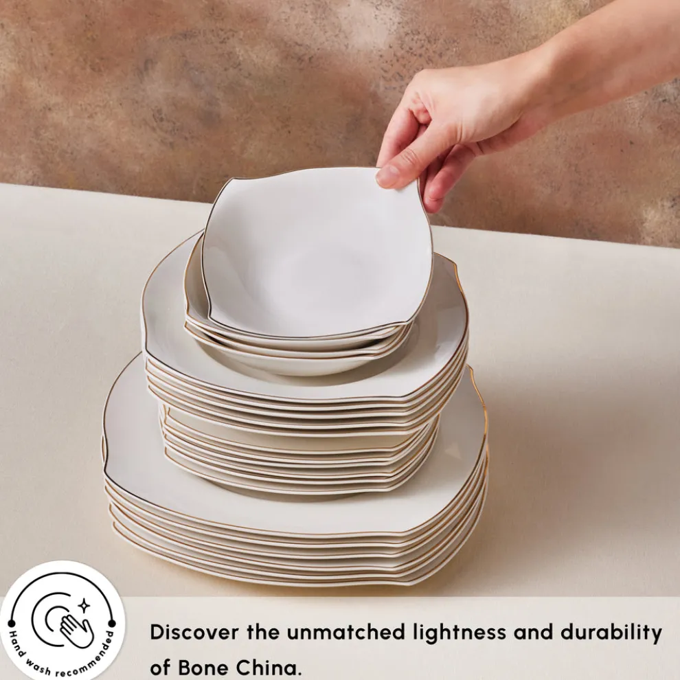 Karaca Square Bone China Wave 53-Piece Dinner Set for 12 People, Gold