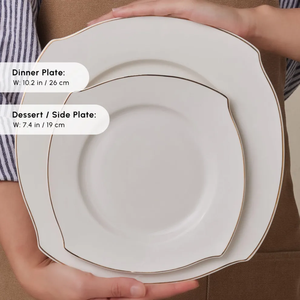 Karaca Square Bone China Wave 53-Piece Dinner Set for 12 People, Gold