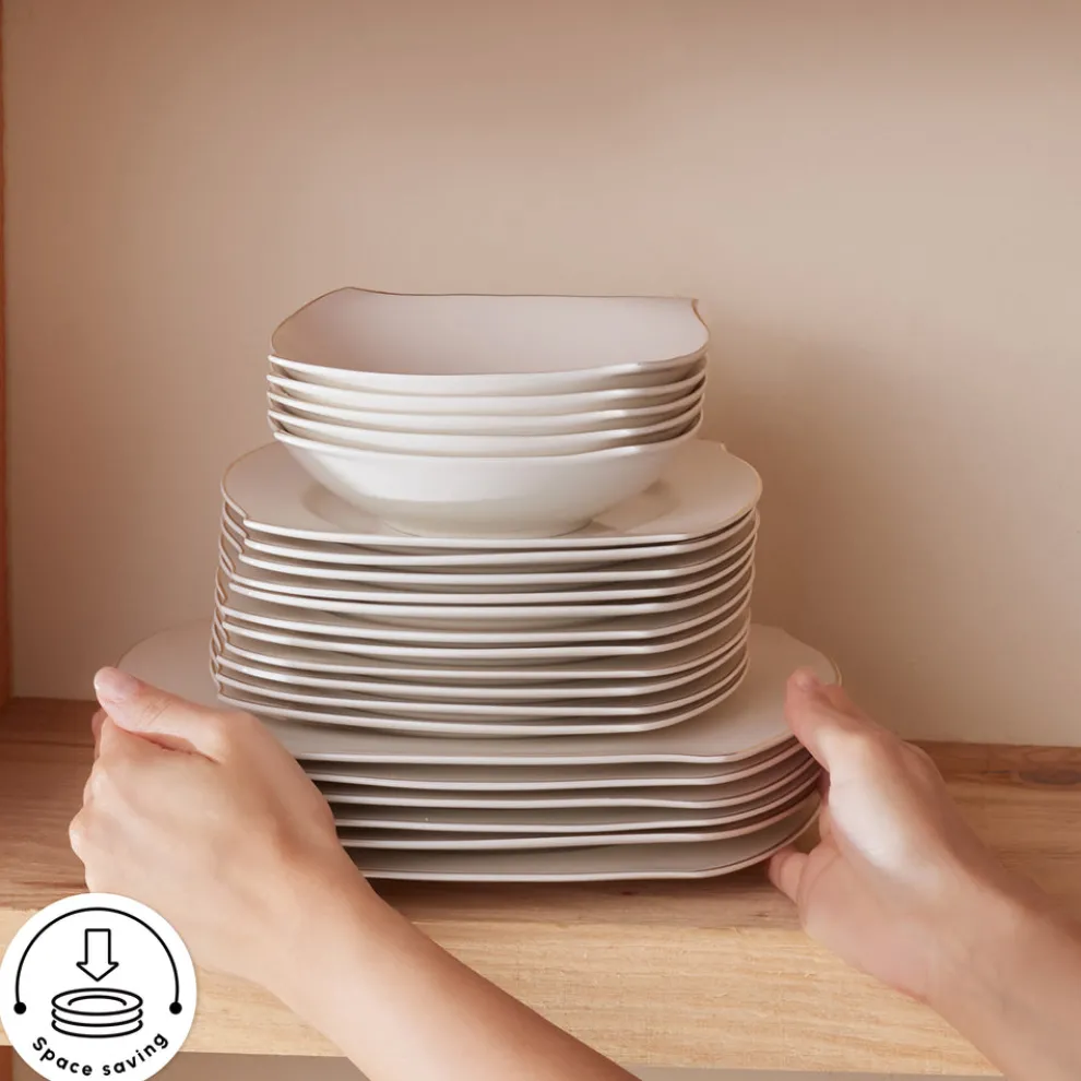 Karaca Square Bone China Wave 53-Piece Dinner Set for 12 People, Gold