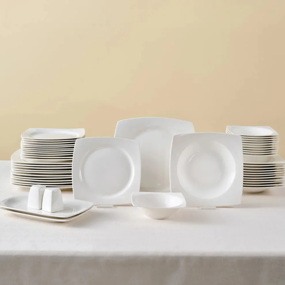 Karaca Square Bone China Jamie 52-Piece Dinner Set for 12 People, White