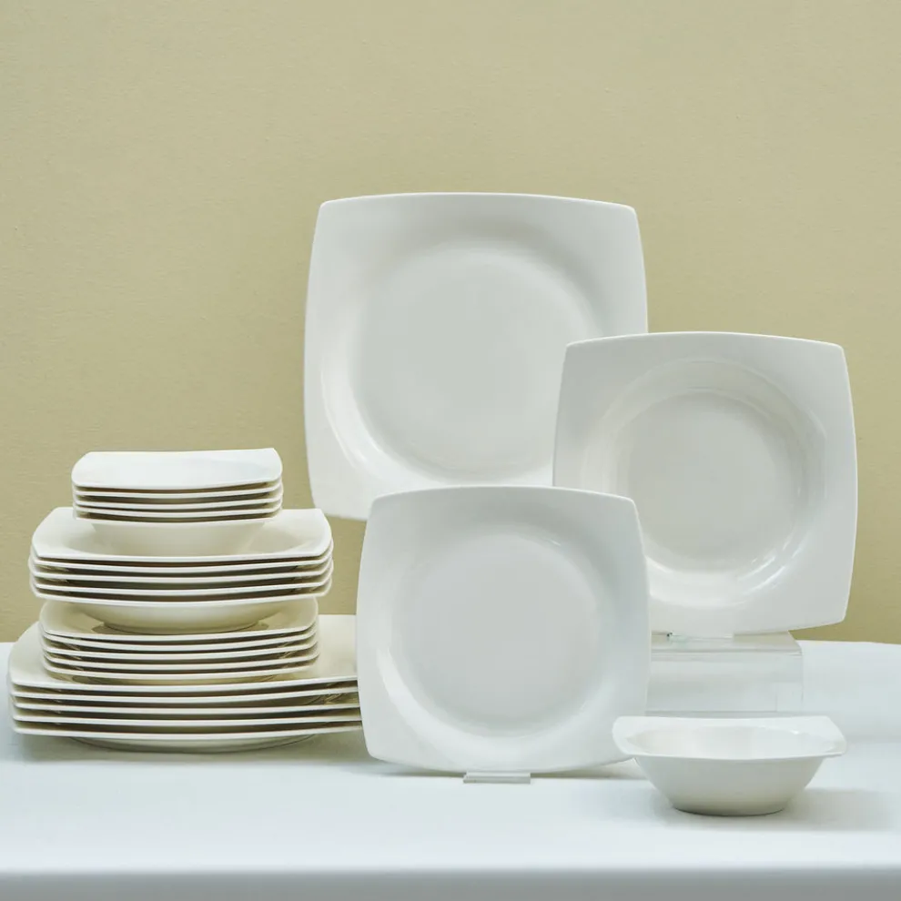 Karaca Square Bone China Mensa 24-Piece Dinner Set for 6 People, White