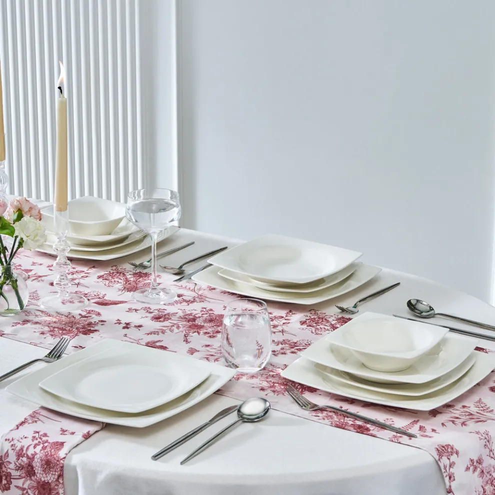 Karaca Square Bone China Mensa 24-Piece Dinner Set for 6 People, White