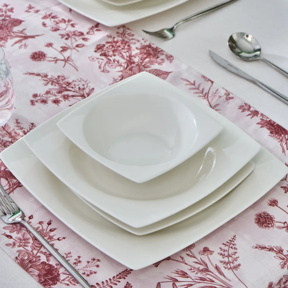 Karaca Square Bone China Mensa 24-Piece Dinner Set for 6 People, White