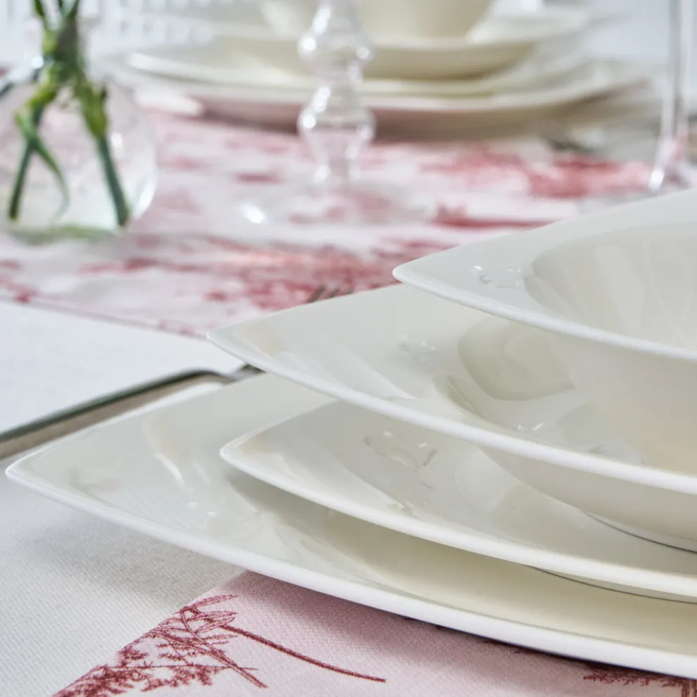 Karaca Square Bone China Mensa 24-Piece Dinner Set for 6 People, White