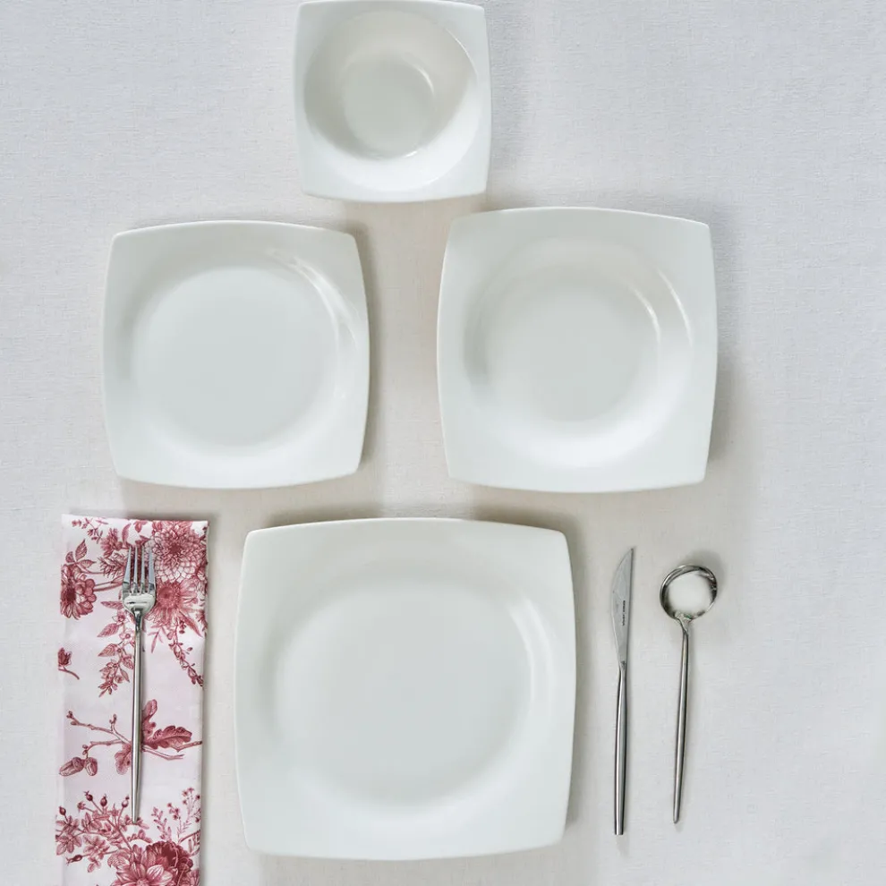 Karaca Square Bone China Mensa 24-Piece Dinner Set for 6 People, White