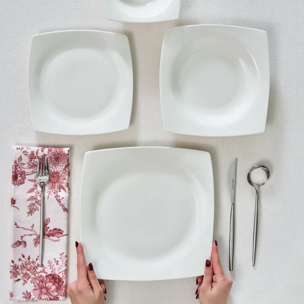 Karaca Square Bone China Mensa 24-Piece Dinner Set for 6 People, White
