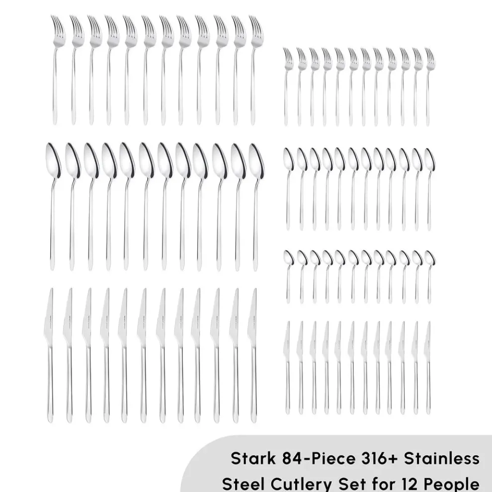 Karaca Stark 84-Piece 316+ Stainless Steel Cutlery Set for 12 People, Silver