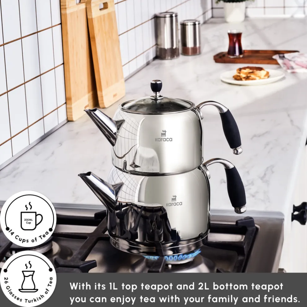 Karaca Stella Stainless Steel Teapot Set, XL, Silver