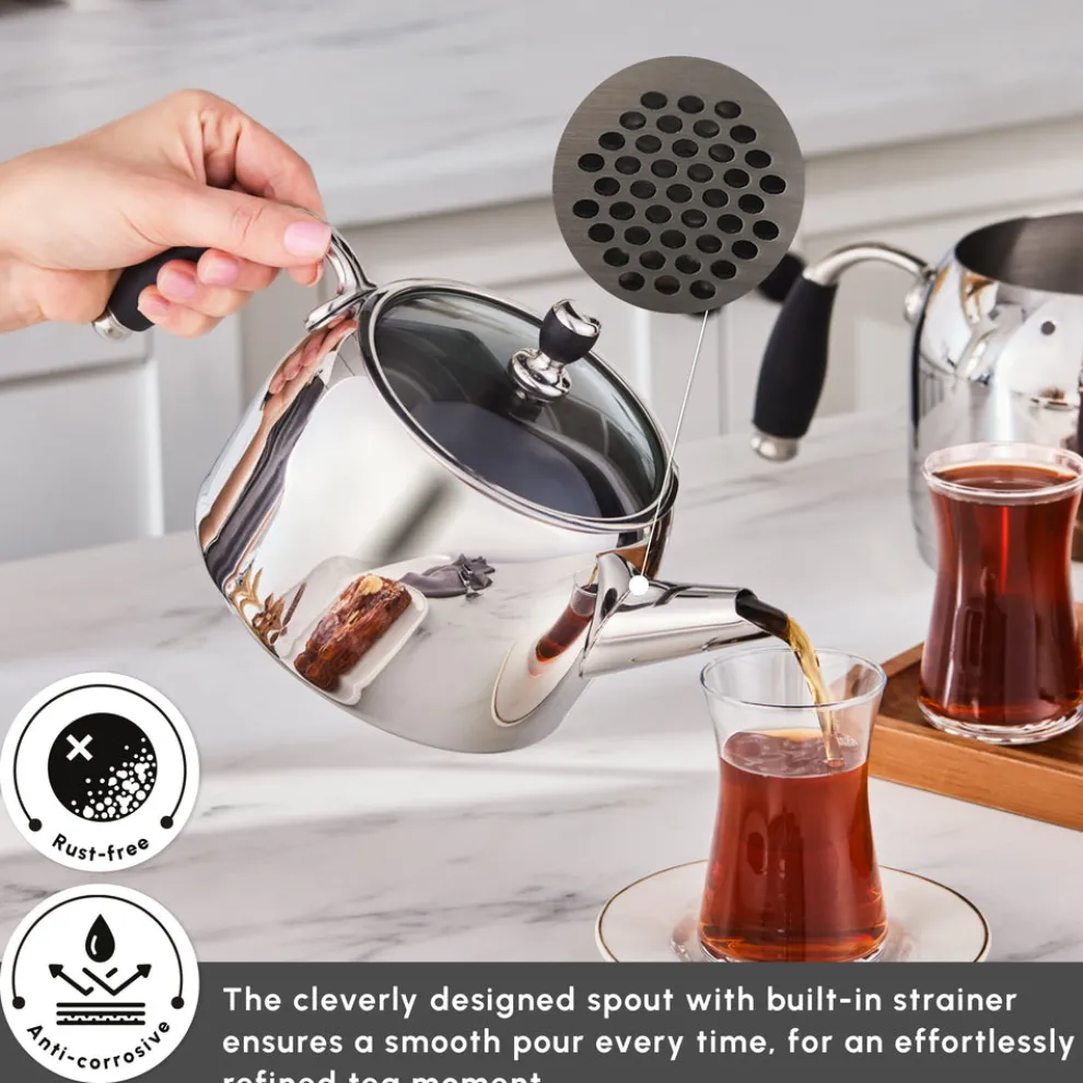 Karaca Stella Stainless Steel Teapot Set, XL, Silver