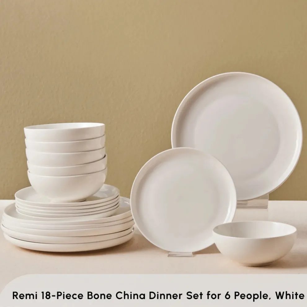Karaca Stream Bone China Remi 18-Piece Bone China Dinner Set for 6 People, White