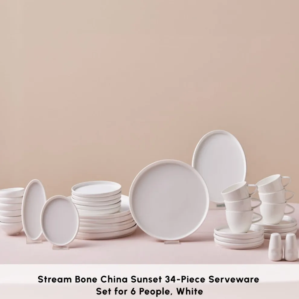 Karaca Stream Bone China Sunset 34-Piece Serveware Set for 6 People, White