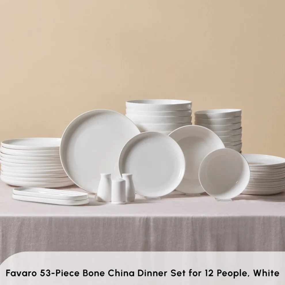 Karaca Stream Bone China Favaro 53-Piece Dinner Set for 12 People, White