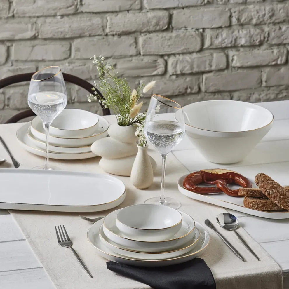 Karaca Stream Bone China Saturn 19-Piece Bone China Dinner Set for 4 People, White Gold