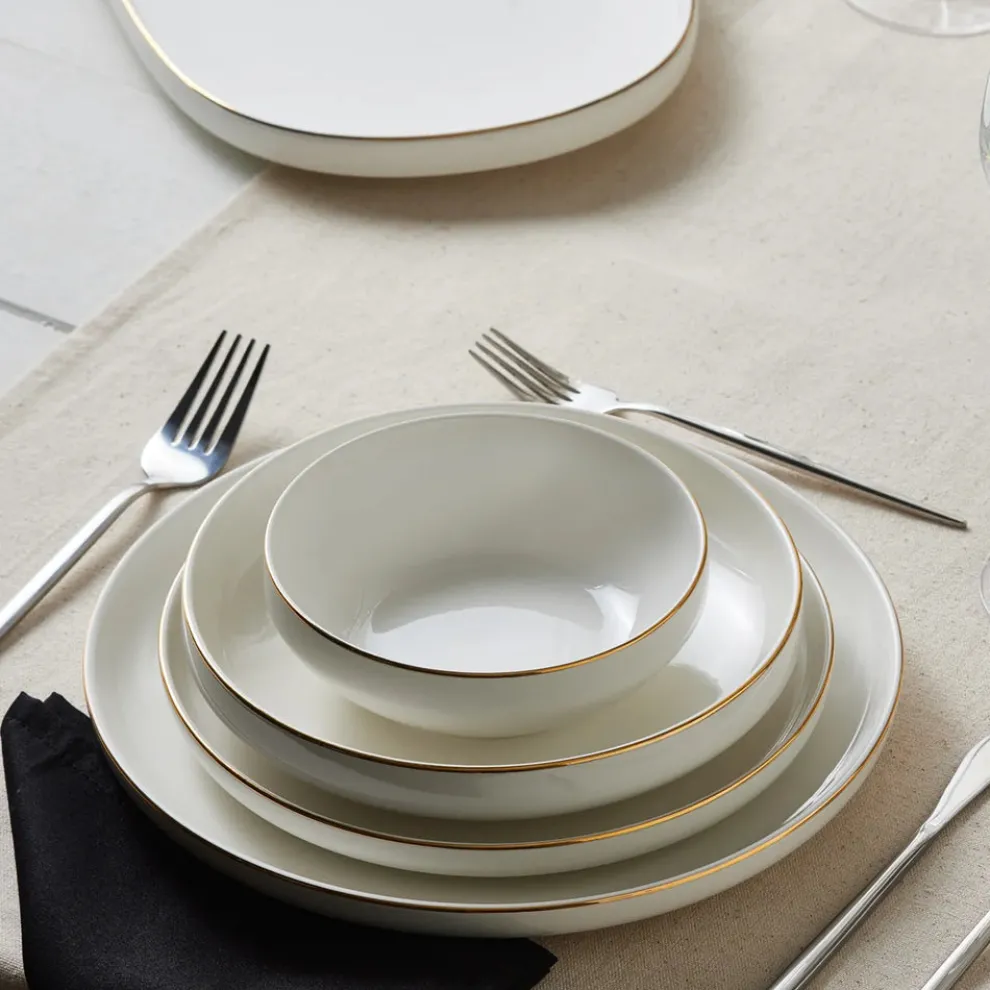 Karaca Stream Bone China Saturn 19-Piece Bone China Dinner Set for 4 People, White Gold