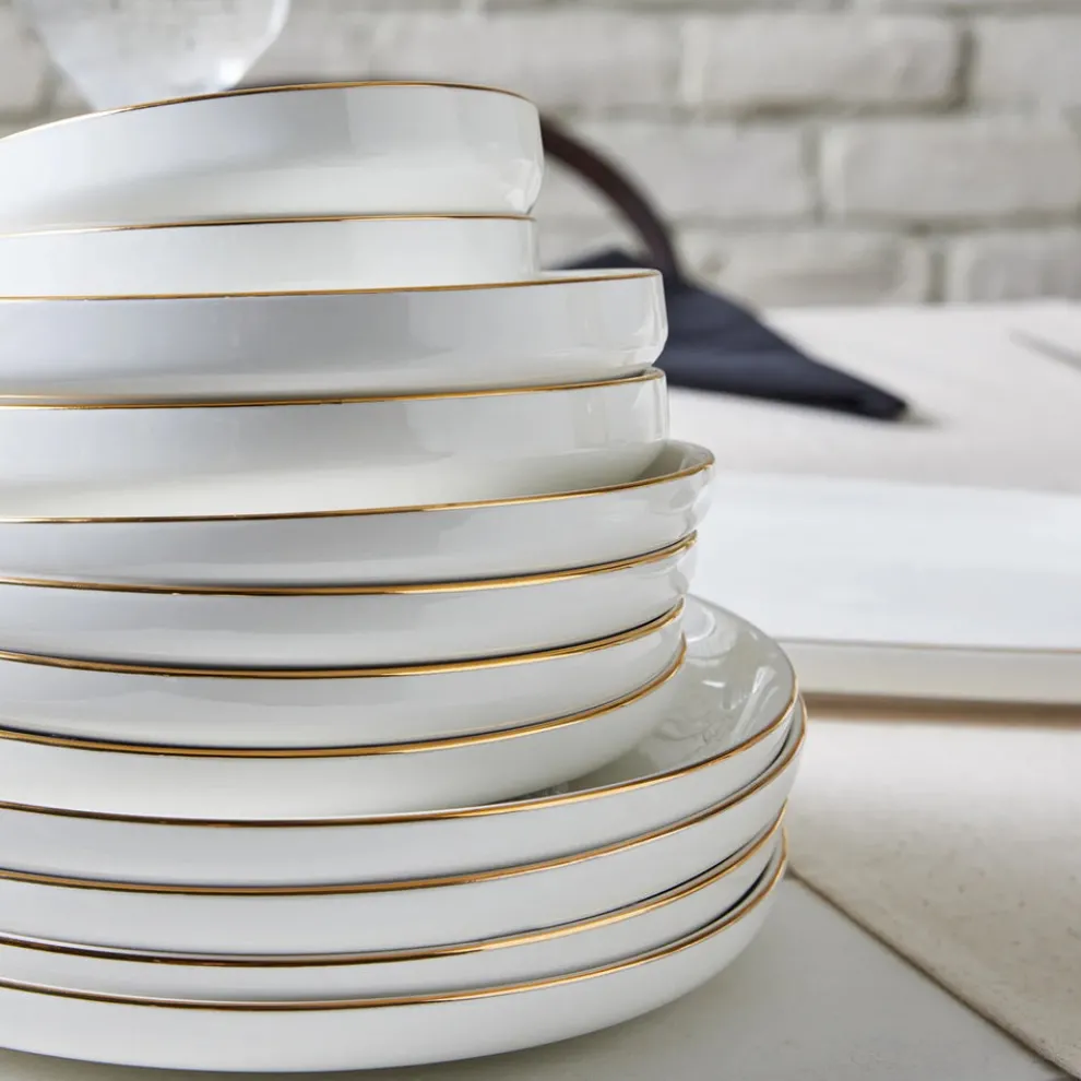 Karaca Stream Bone China Saturn 19-Piece Bone China Dinner Set for 4 People, White Gold