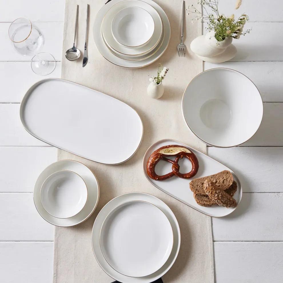 Karaca Stream Bone China Saturn 19-Piece Bone China Dinner Set for 4 People, White Gold