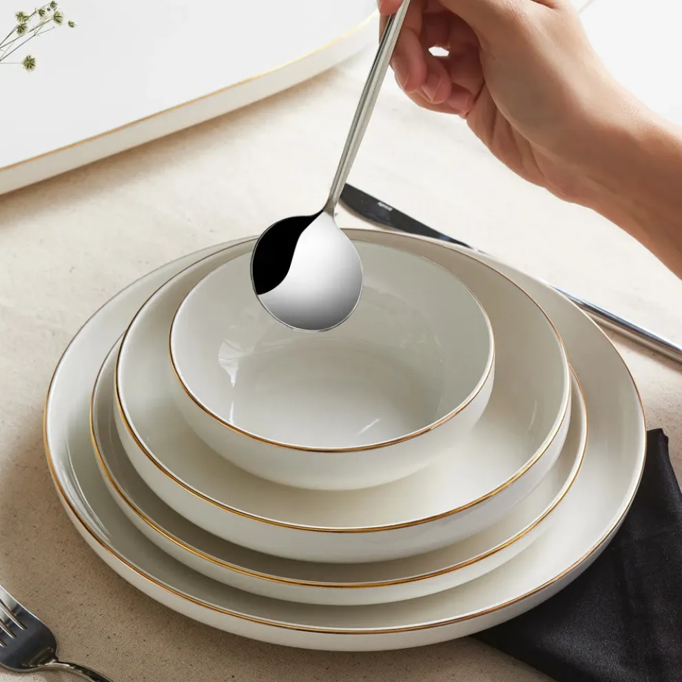 Karaca Stream Bone China Saturn 19-Piece Bone China Dinner Set for 4 People, White Gold