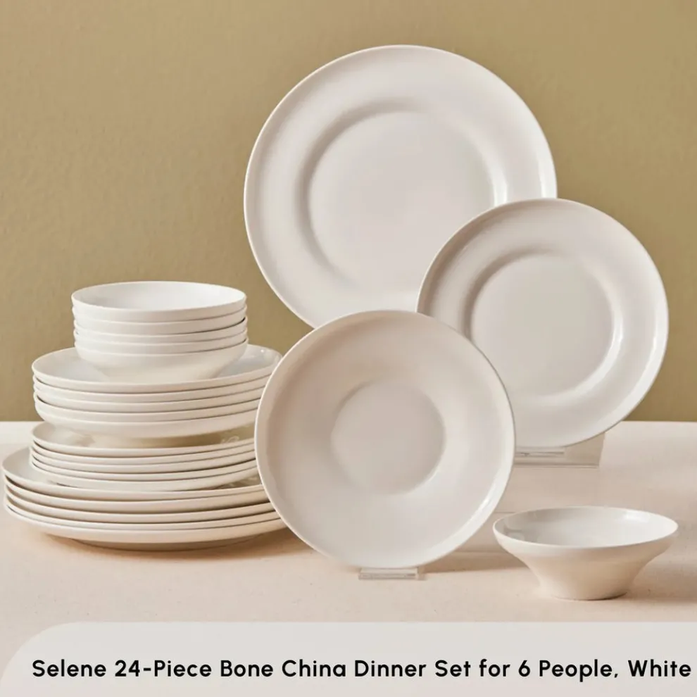 Karaca Stream Bone China Selene 24-Piece Dinner Set for 6 People, White