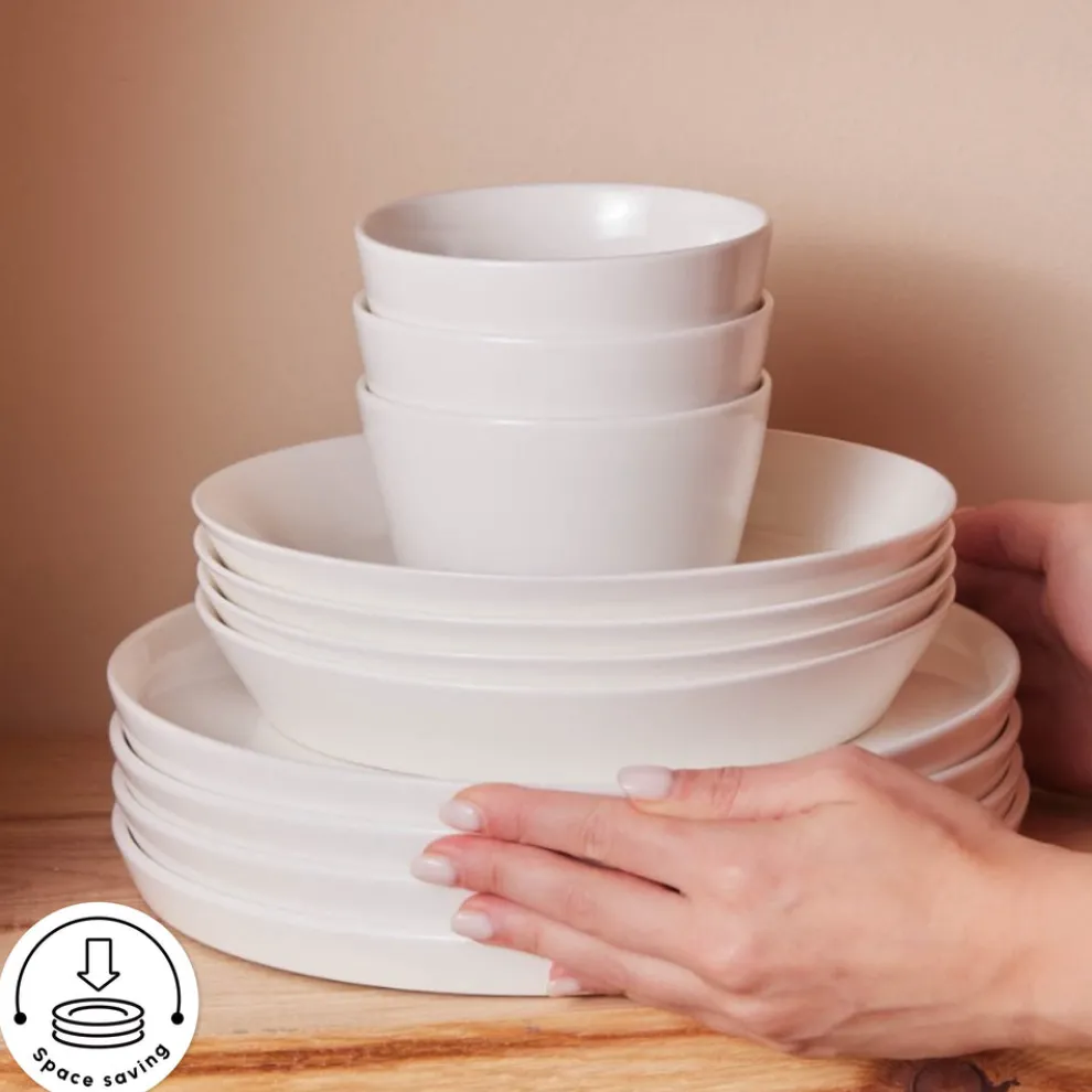 Karaca Stream Bone China Bomo 53-Piece Dinner Set for 12 People, White