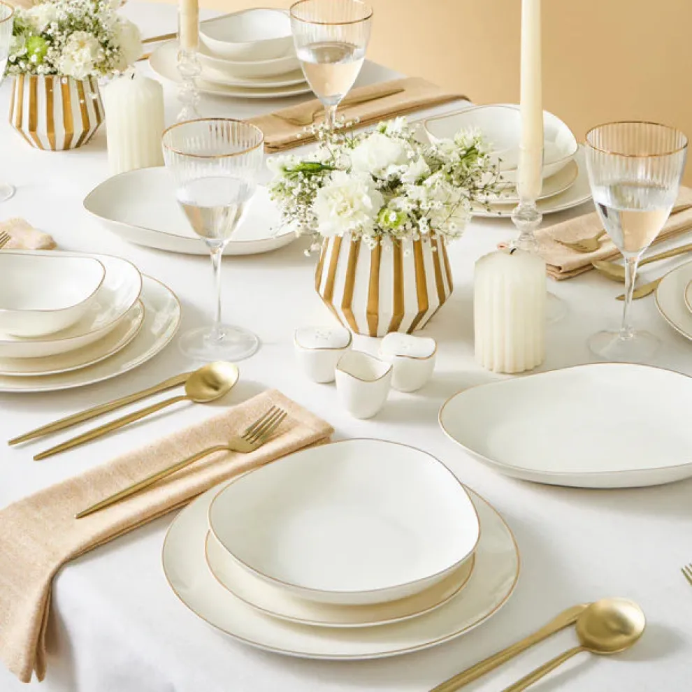 Karaca Stream Bone China Middle 53-Piece Dinner Set for 12 People, Gold