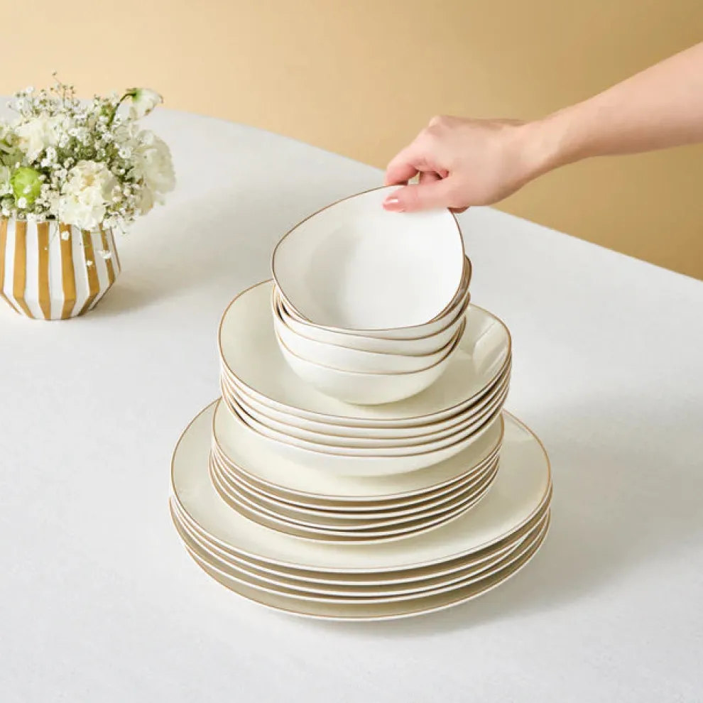 Karaca Stream Bone China Middle 53-Piece Dinner Set for 12 People, Gold
