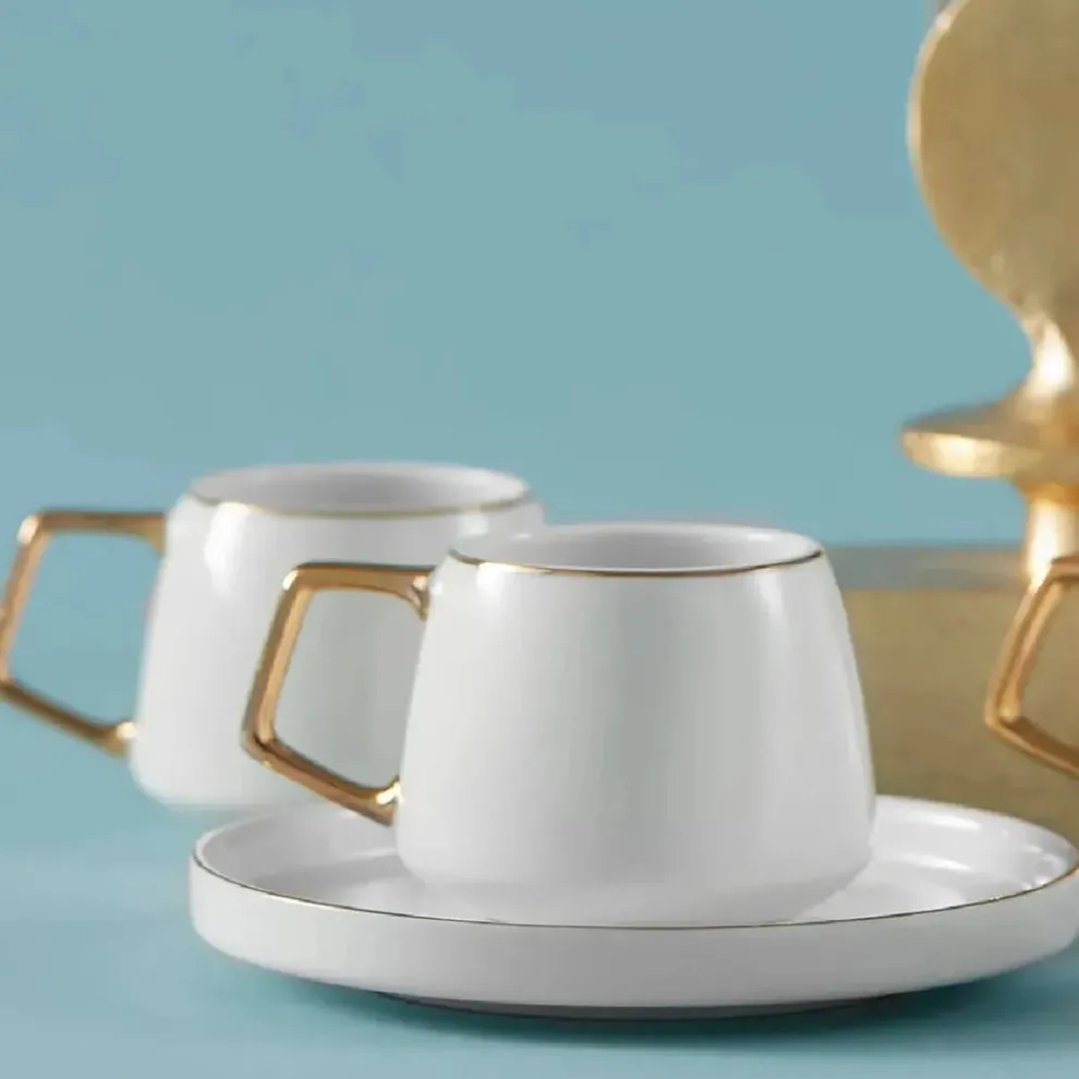 Karaca Streamline Saturn 12-Piece Porcelain Espresso Turkish Coffee Cup Set for 6 People, 100ml, White Gold