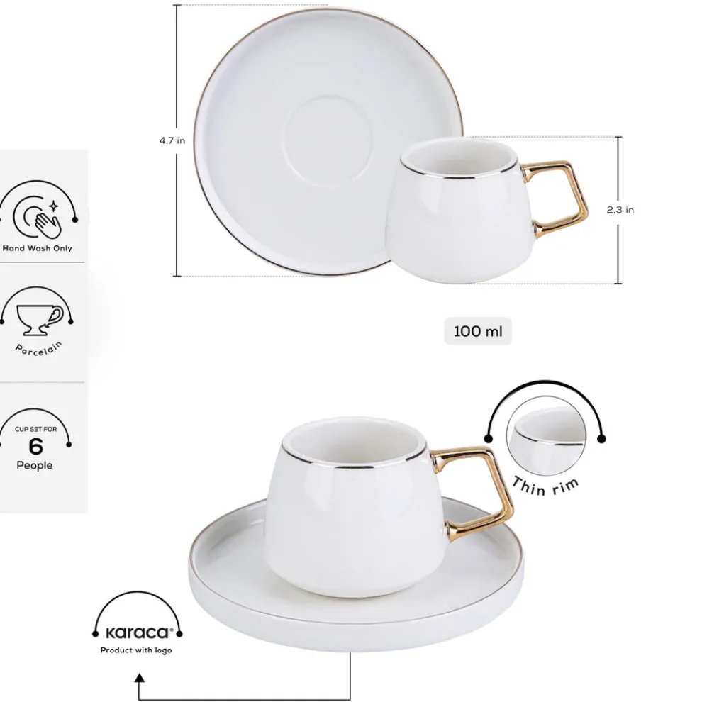 Karaca Streamline Saturn 12-Piece Porcelain Espresso Turkish Coffee Cup Set for 6 People, 100ml, White Gold