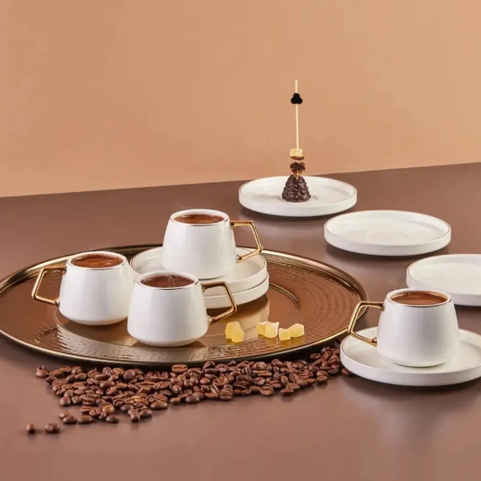 Karaca Streamline Saturn 12-Piece Porcelain Espresso Turkish Coffee Cup Set for 6 People, 100ml, White Gold