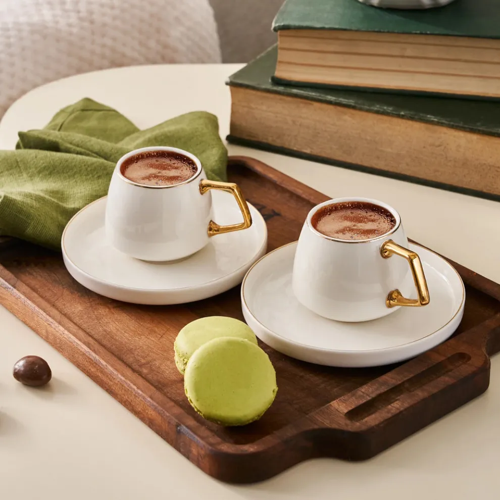 Karaca Streamline Saturn 12-Piece Porcelain Espresso Turkish Coffee Cup Set for 6 People, 100ml, White Gold